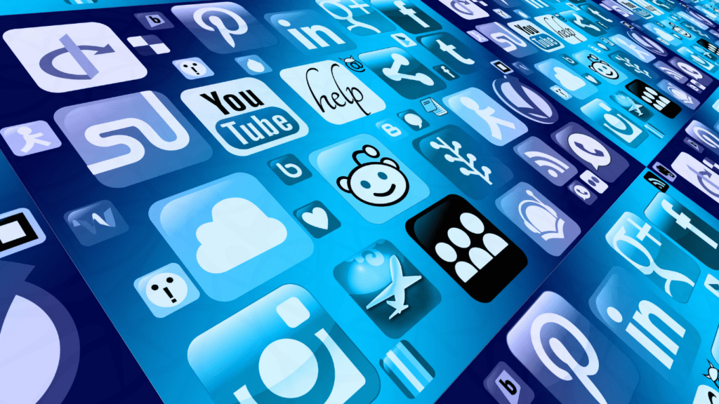 a large number of social media icons on a blue background